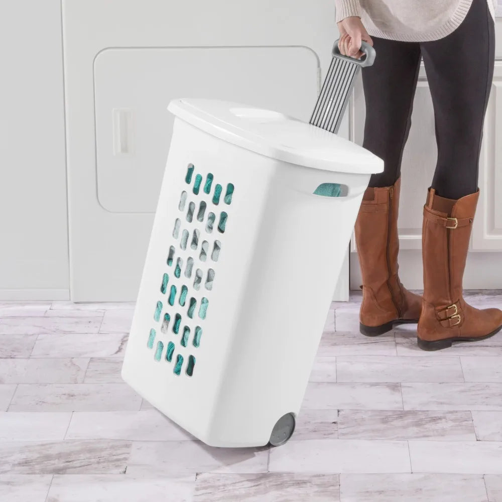 Wheeled Laundry Hamper Plastic, White, Set of 2 Storage Box, Clothes Organizer, Dirty Clothes Basket