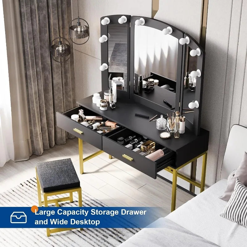 Vanity Desk with Mirror and 10 LED Lights with 2 Drawers and Chair