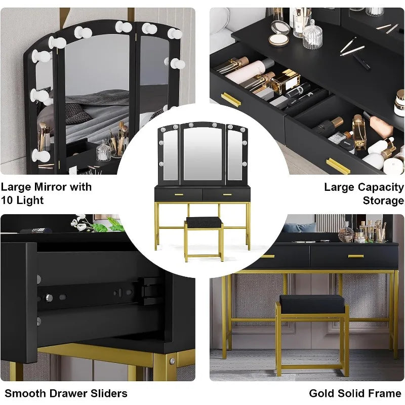 Vanity Desk with Mirror and 10 LED Lights with 2 Drawers and Chair