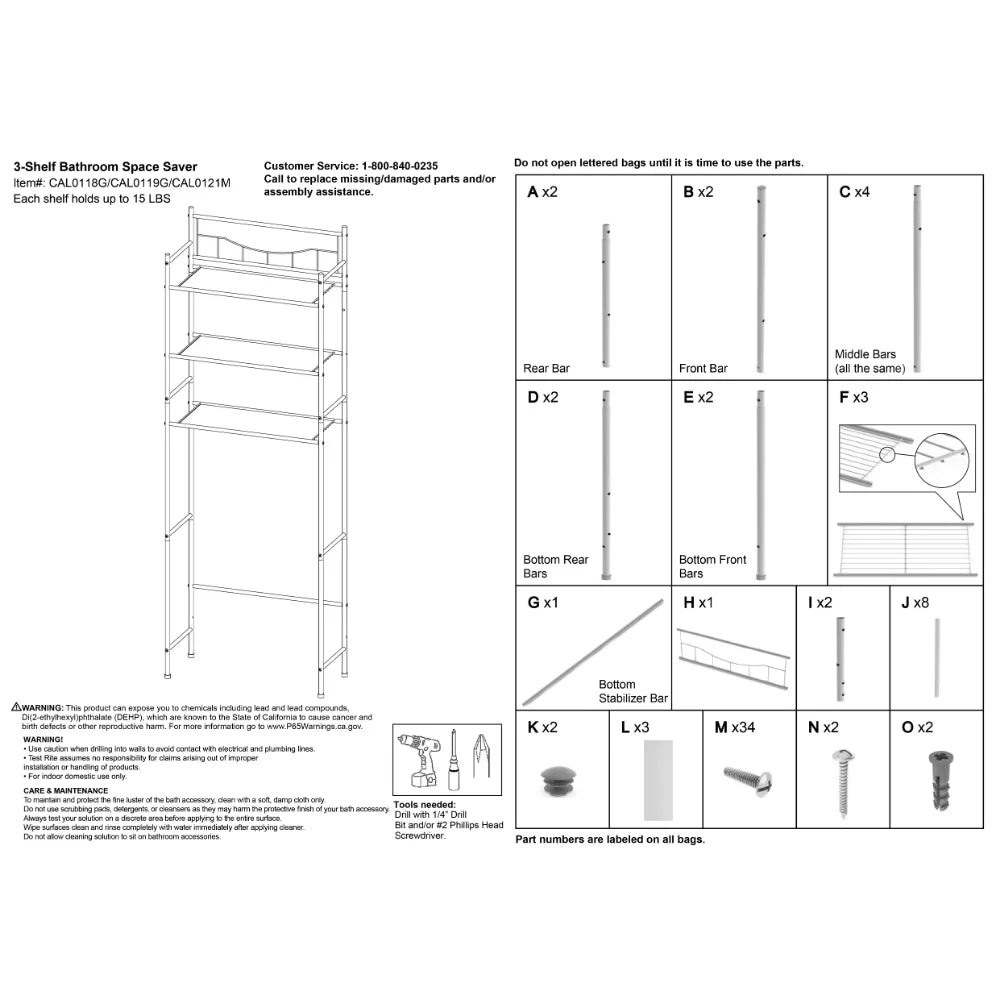 Over The Toilet Steel 3-Shelf Storage