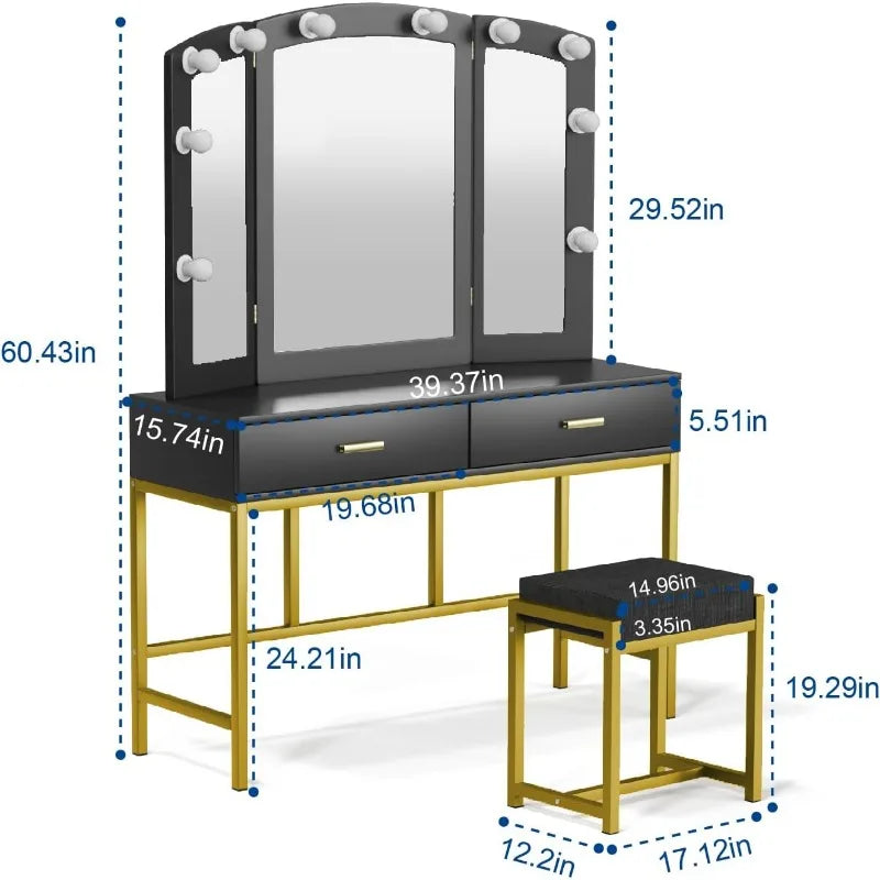 Vanity Desk with Mirror and 10 LED Lights with 2 Drawers and Chair