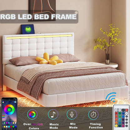 Queen Size Floating Bed Frame with LED Lights and USB Ports