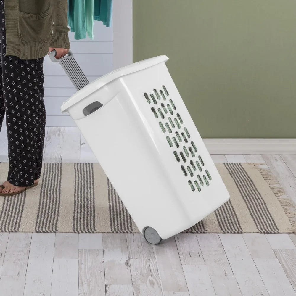 Wheeled Laundry Hamper Plastic, White, Set of 2 Storage Box, Clothes Organizer, Dirty Clothes Basket