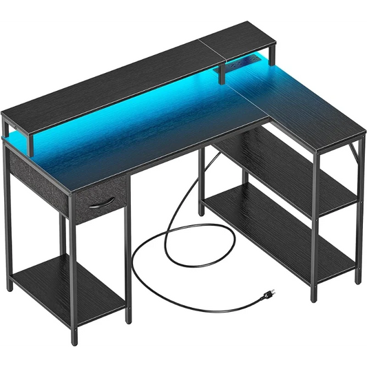 L Shaped Gaming Desk with LED Lights & Power Outlets