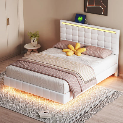 Queen Size Floating Bed Frame with LED Lights and USB Ports