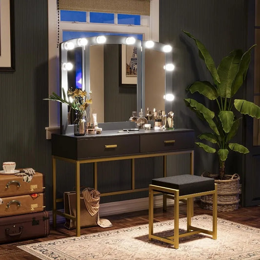 Vanity Desk with Mirror and 10 LED Lights with 2 Drawers and Chair