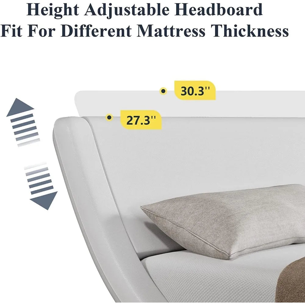 Full-size bed frame with ergonomic and adjustable headboard