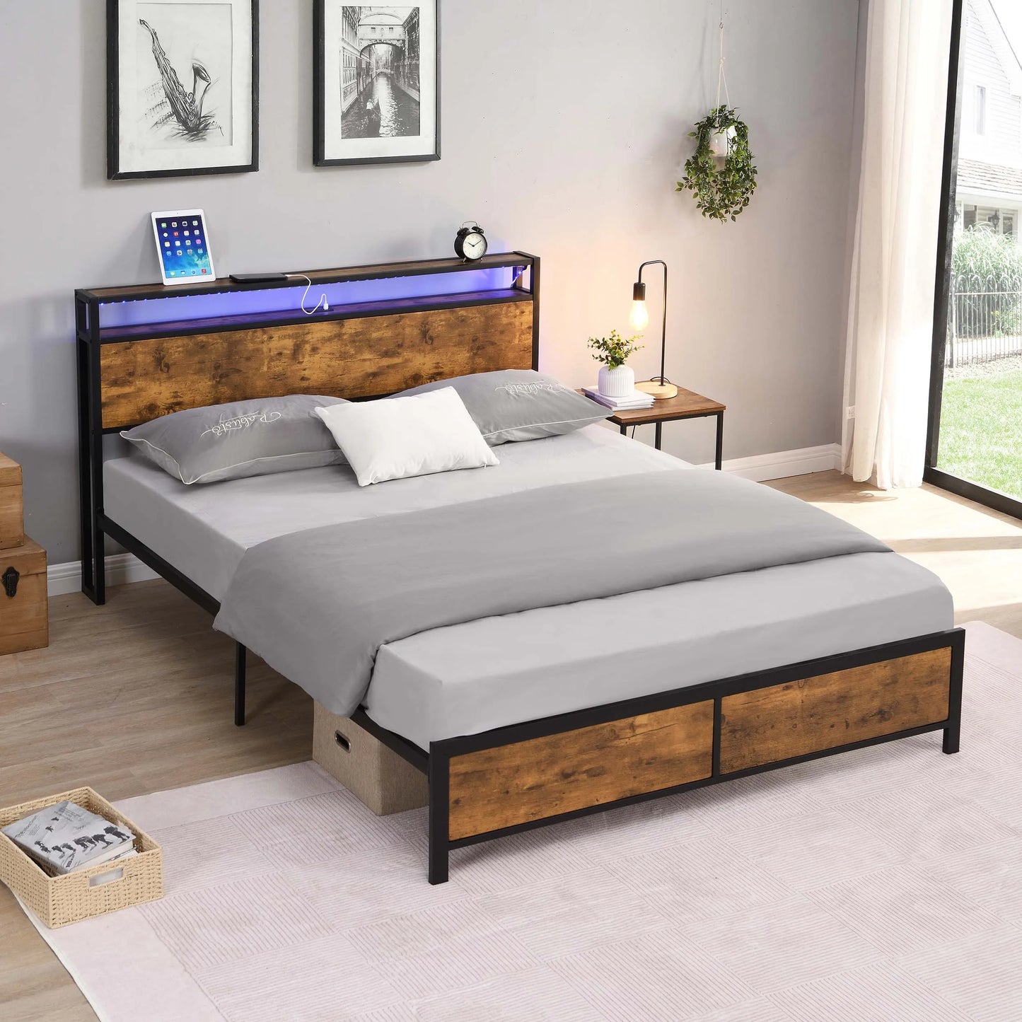 Queen/Full Size Industrial Bed Frame with LED Lights & 2 USB Ports