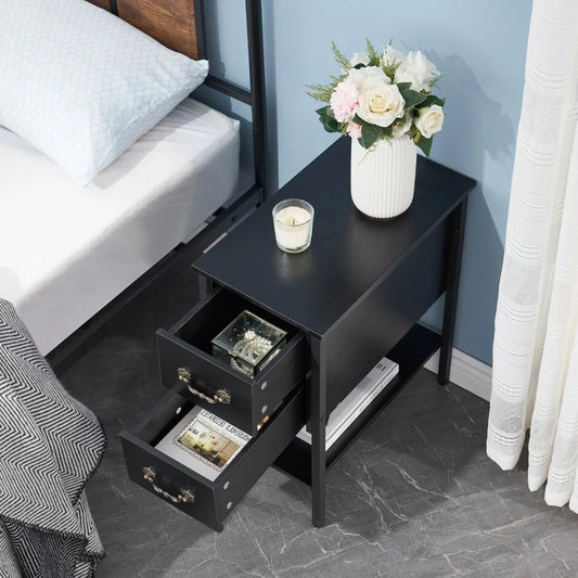 Bedside Table with Drawers and Storage Shelves
