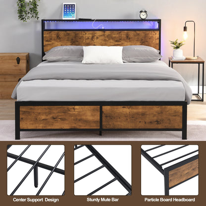 Queen/Full Size Industrial Bed Frame with LED Lights & 2 USB Ports