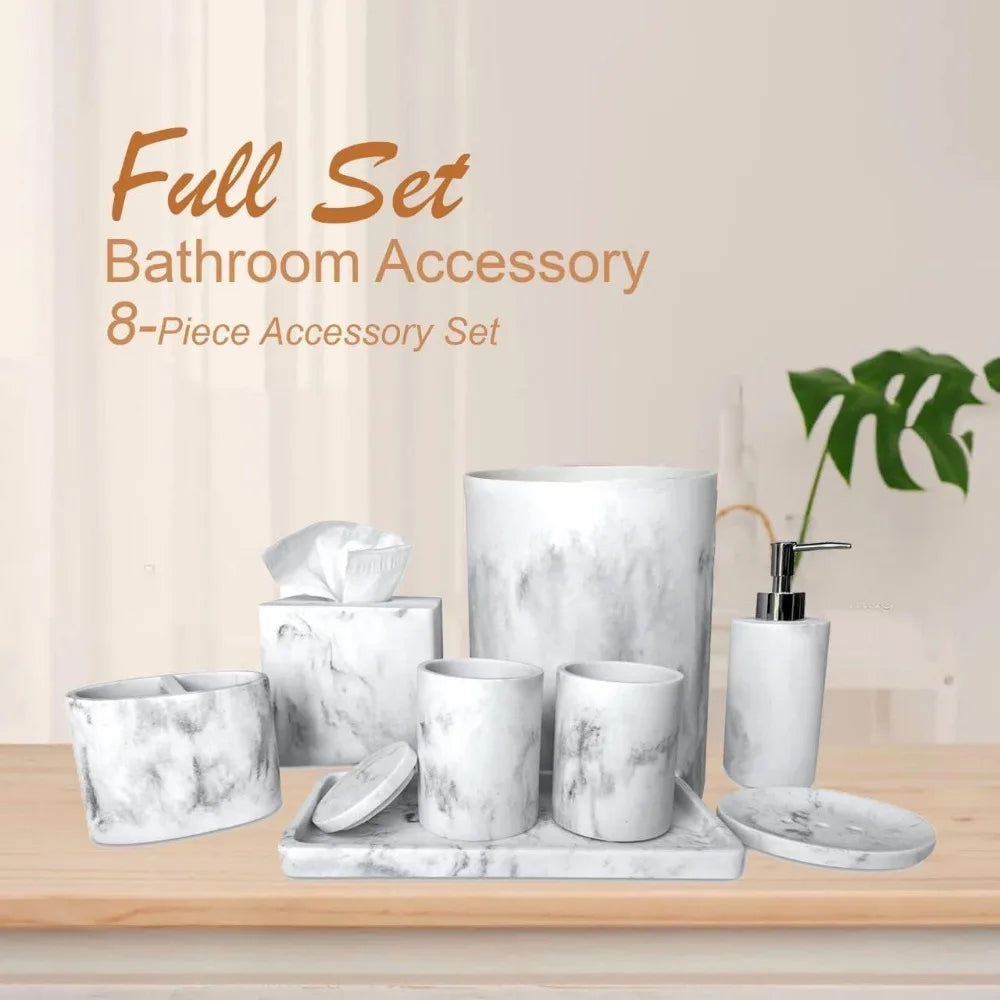 8 PCS White Marble Resin Bathroom Accessory Set