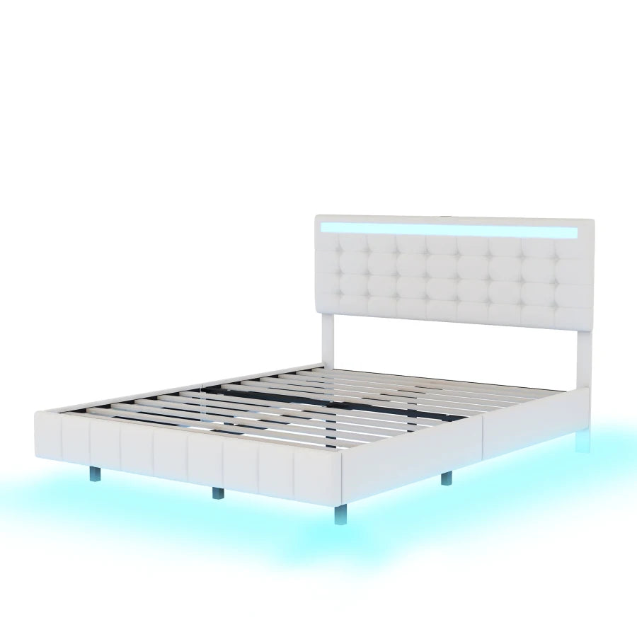 Queen Size Floating Bed Frame with LED Lights and USB Ports