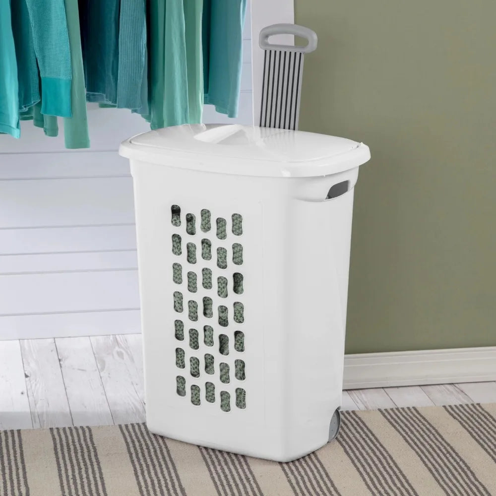 Wheeled Laundry Hamper Plastic, White, Set of 2 Storage Box, Clothes Organizer, Dirty Clothes Basket