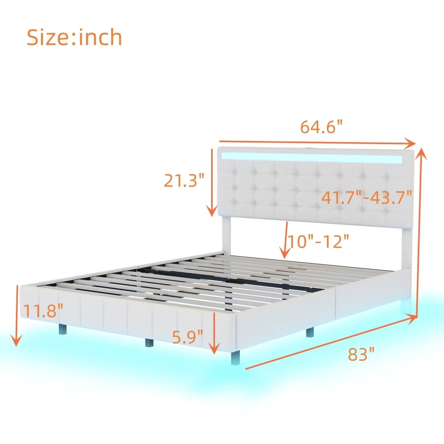 Queen Size Floating Bed Frame with LED Lights and USB Ports