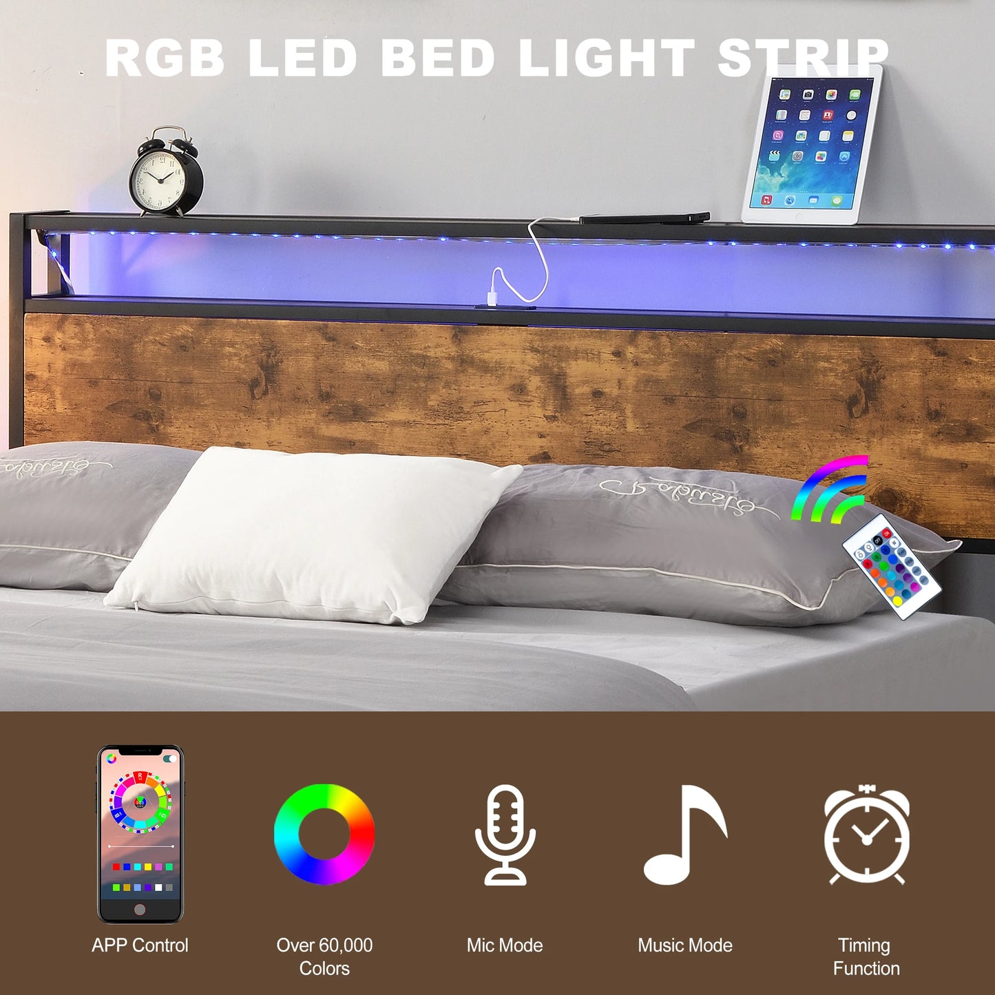 Queen/Full Size Industrial Bed Frame with LED Lights & 2 USB Ports