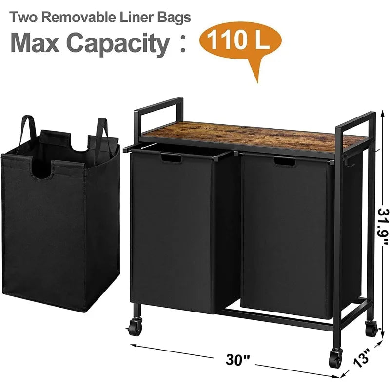 Iron-Made Laundry Sorter with Top Shelf and 2 Removable Bags