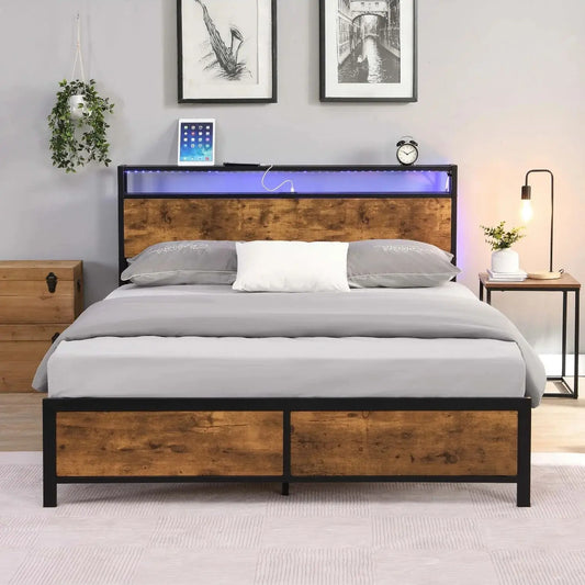 Queen/Full Size Industrial Bed Frame with LED Lights & 2 USB Ports
