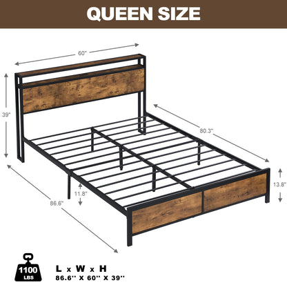 Queen/Full Size Industrial Bed Frame with LED Lights & 2 USB Ports