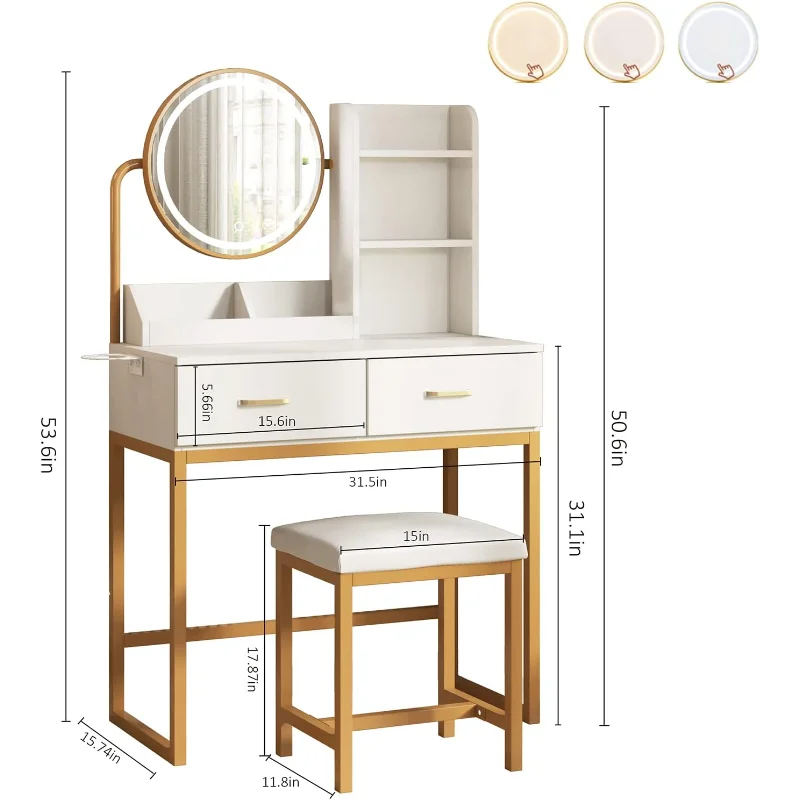 Makeup Vanity Desk with Round Mirror and Lights