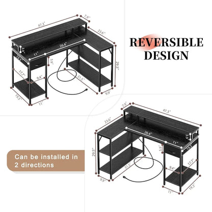 L Shaped Gaming Desk with LED Lights & Power Outlets