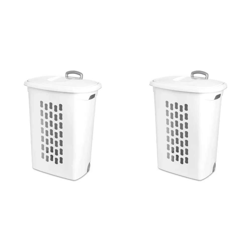 Wheeled Laundry Hamper Plastic, White, Set of 2 Storage Box, Clothes Organizer, Dirty Clothes Basket